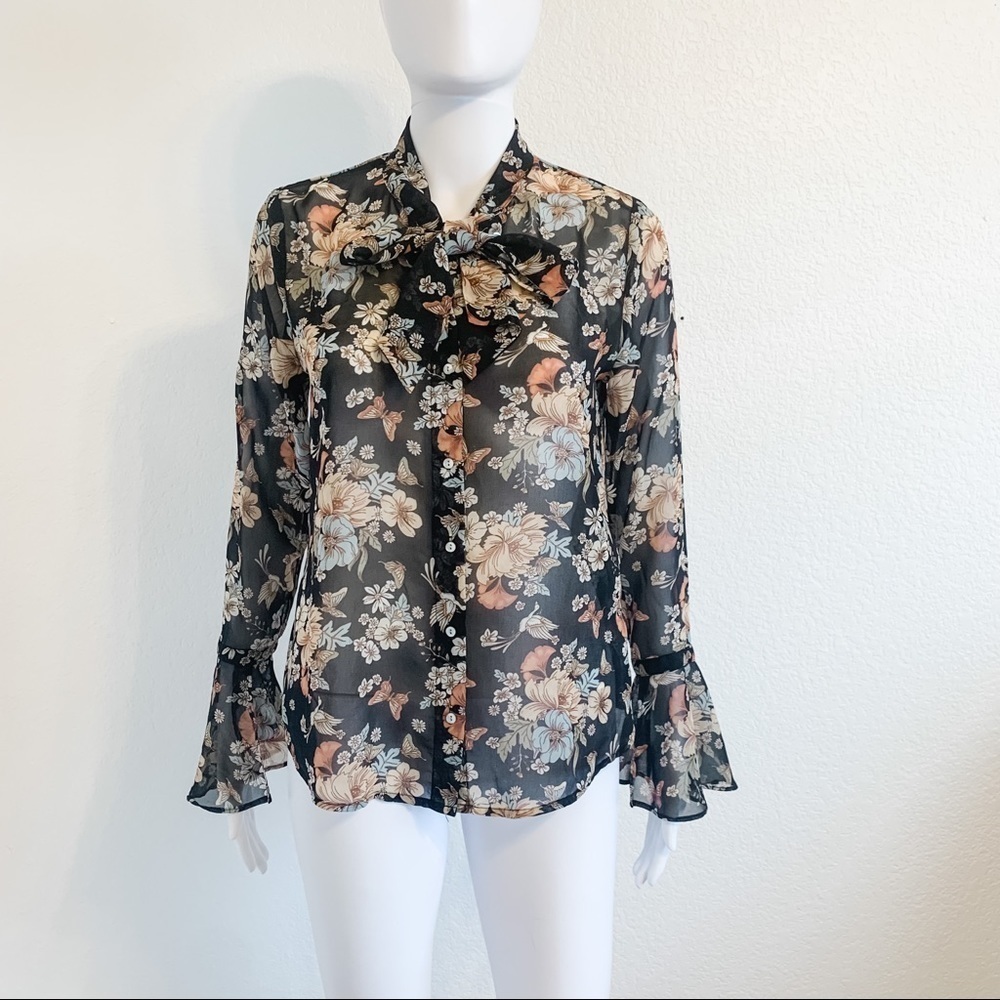 Forever 21 Bell Sleeve Floral Butterfly Print Blouse
